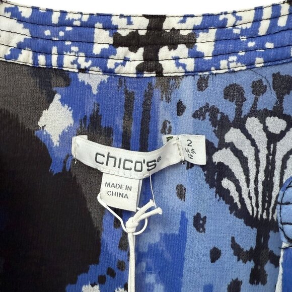 CHICO'S Trapunto Blouse Size 12 / L (Chicos 2) Blue Black Ikat Flowy Chiffon NWT - Picture 3 of 14